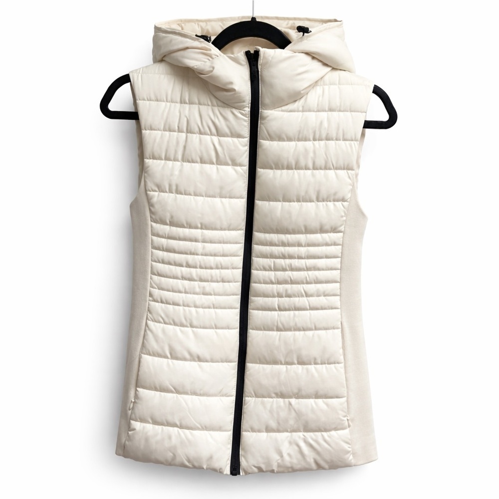 Zara Off-White Quilted Puffer Vest Hooded Ribbed Side Shaping Gilet Jacket Sz M